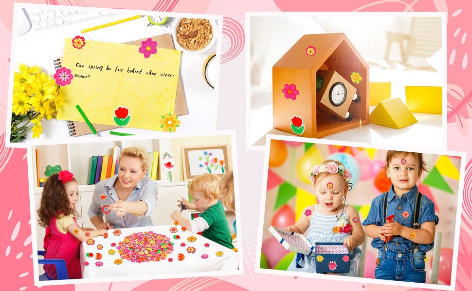 Collage of four scenes showing self-adhesive foam flower stickers being used for crafts and decoration by children and adults.