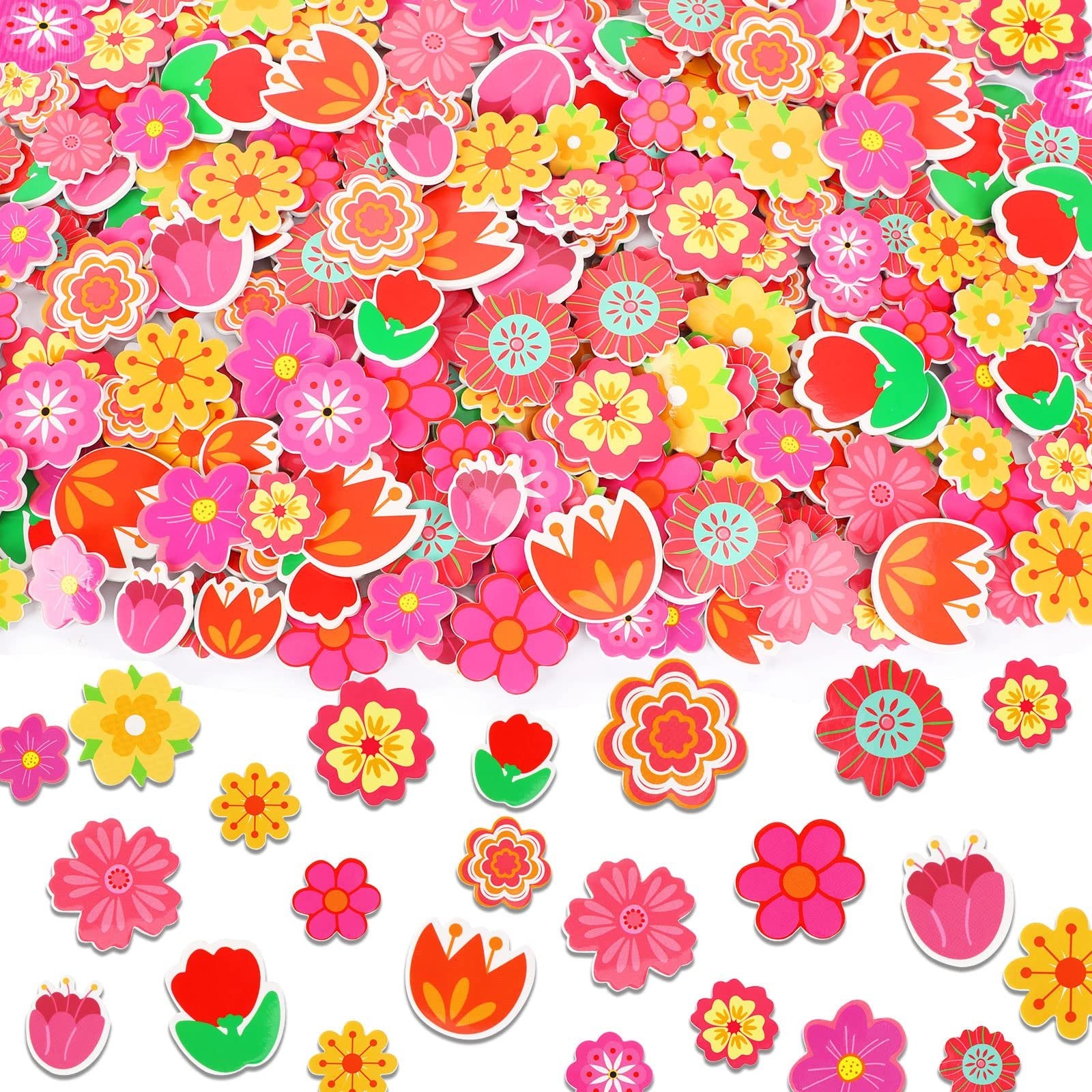 Assortment of colorful self-adhesive foam flower stickers in various spring designs, some scattered and some laid out individually.