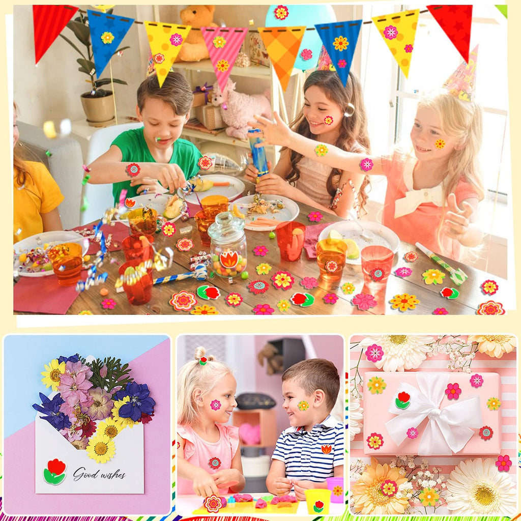 Children at a party decorating themselves and the table with self-adhesive flower foam stickers.