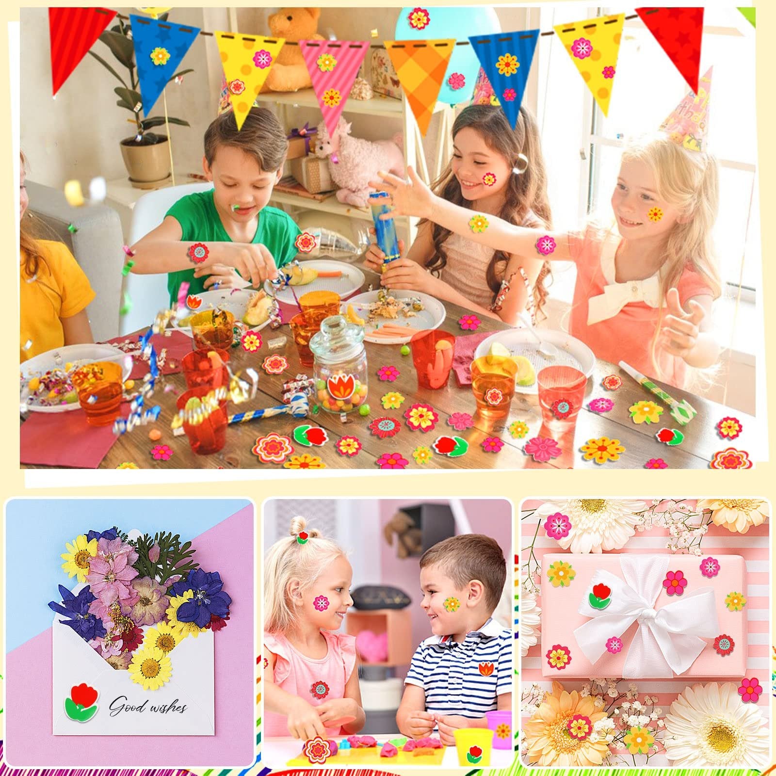 Children at a party decorating themselves and the table with self-adhesive flower foam stickers.