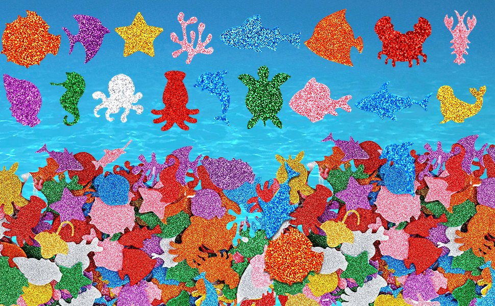 Glitter sea animal foam stickers in various ocean shapes and colors, displayed on a blue water background.