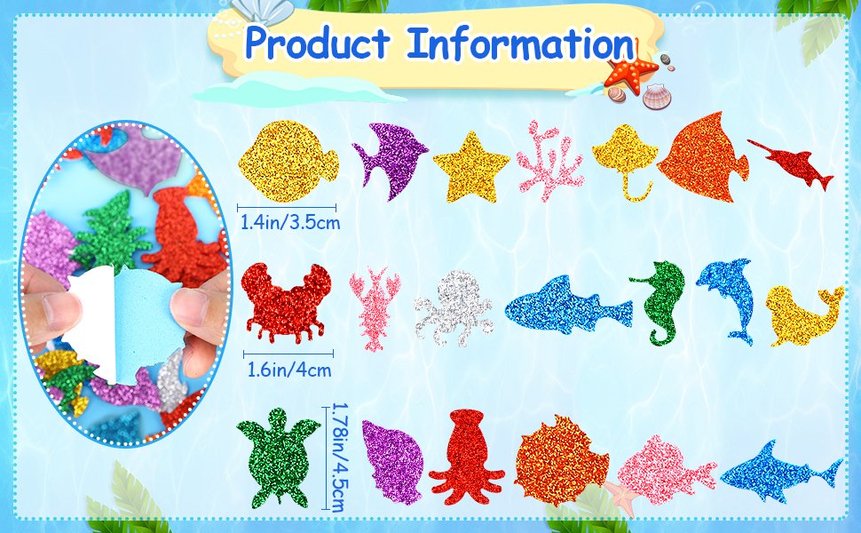 Glitter sea animal foam stickers in various ocean life designs and colors, with size dimensions shown.