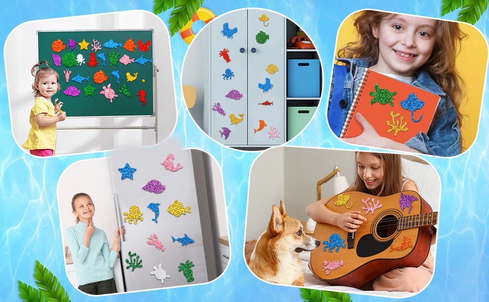 Collage of children and glitter sea animal foam stickers applied to various surfaces like a whiteboard, cabinet, notebook, and guitar.