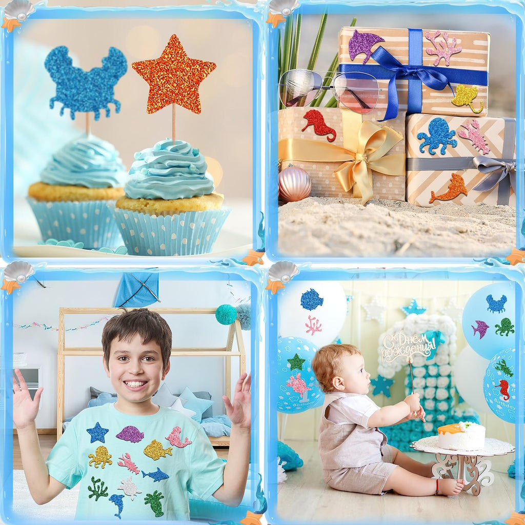 Collage of sea animal glitter foam stickers used as cupcake toppers, on gifts, on a t-shirt, and at a baby's birthday party.