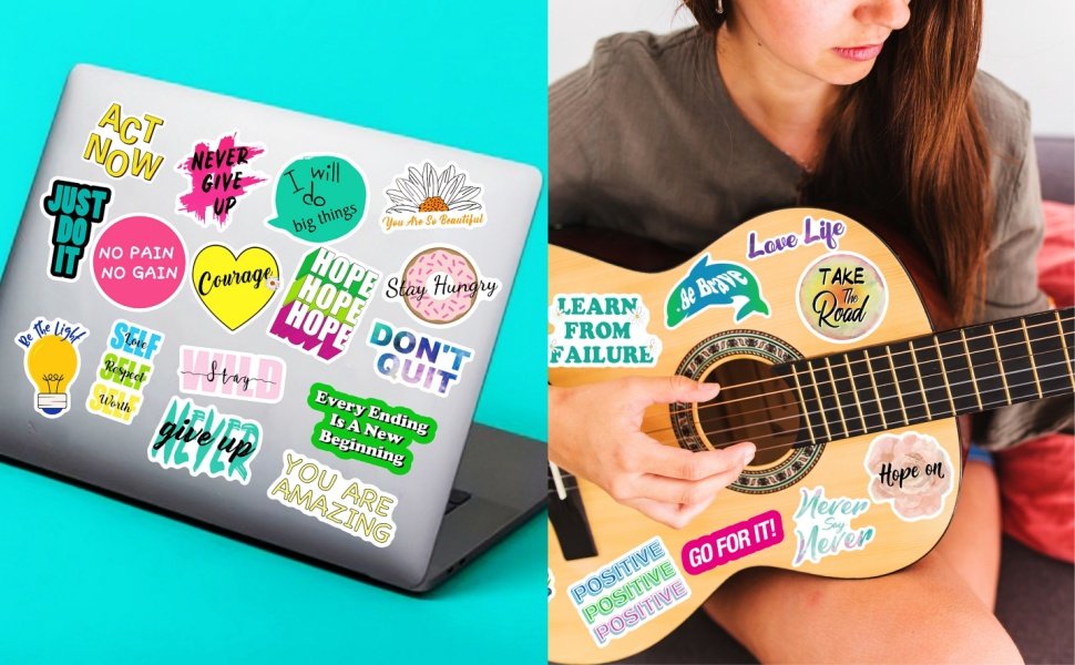 Collage of inspirational stickers applied to a laptop and a guitar, featuring motivational quotes and designs.