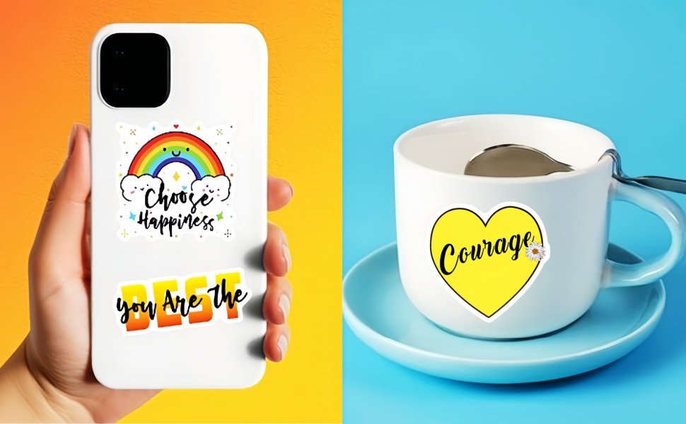 Hand holding a smartphone with 'Choose Happiness' and 'you Are the BEST' stickers; a white mug with a yellow heart sticker saying 'Courage'.