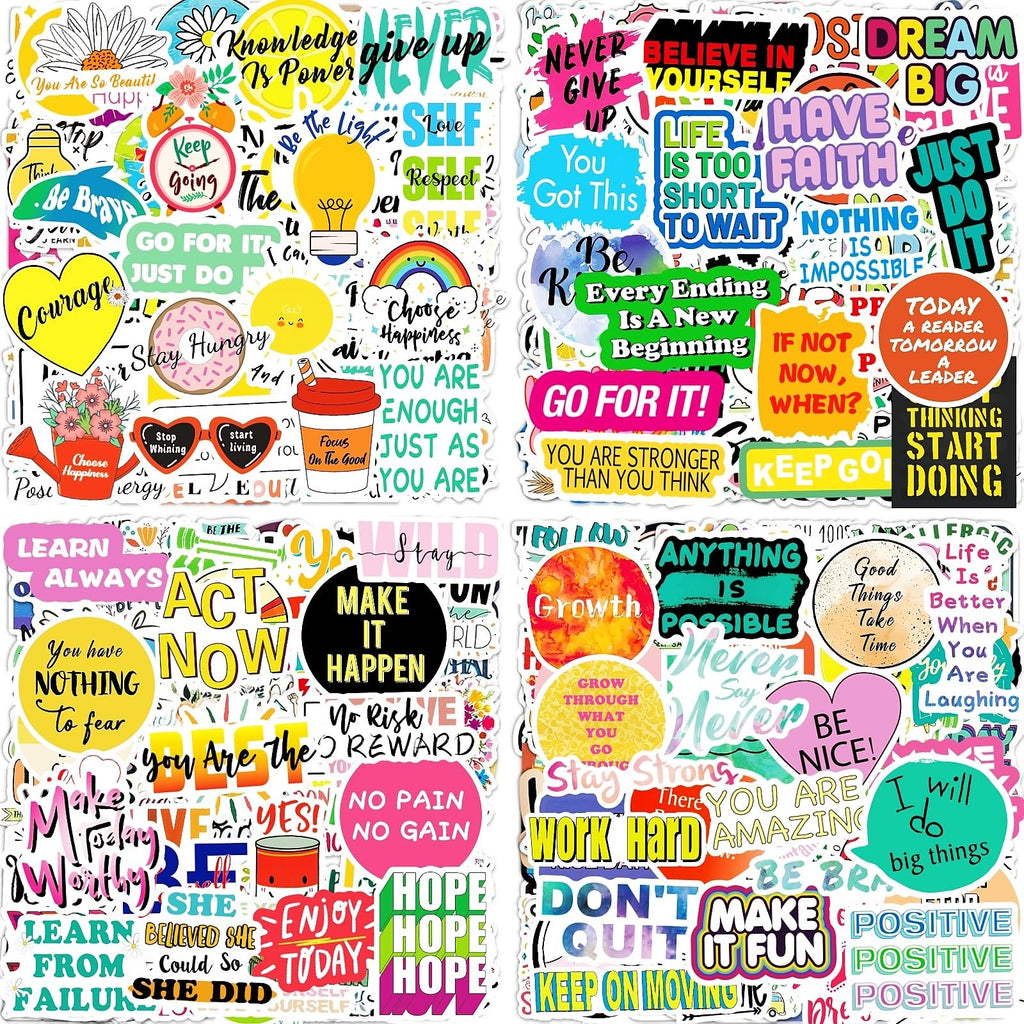 Collage of inspirational and motivational vinyl stickers with various quotes and graphics.