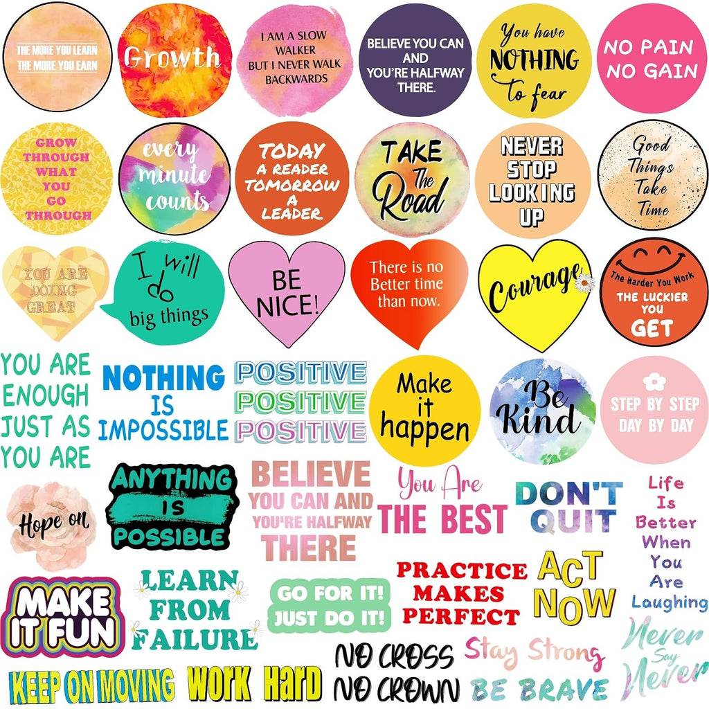 Collage of inspirational quote stickers with various motivational phrases and designs.