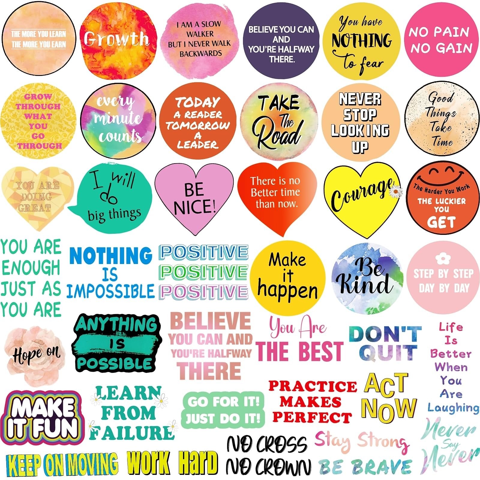 Collage of inspirational quote stickers with various motivational phrases and designs.