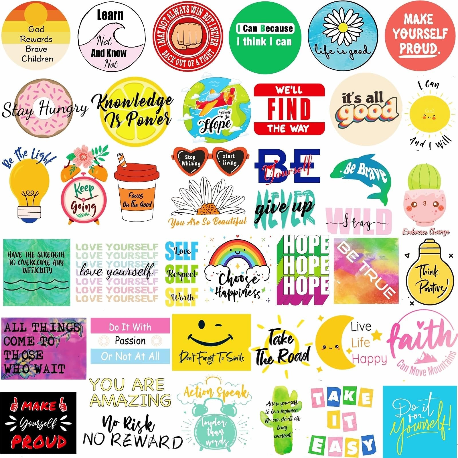 Collage of 300 inspirational and motivational vinyl stickers with various quotes and designs.