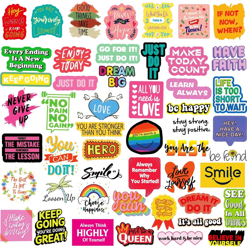 Collage of 300 inspirational and motivational vinyl stickers with various quotes and designs.