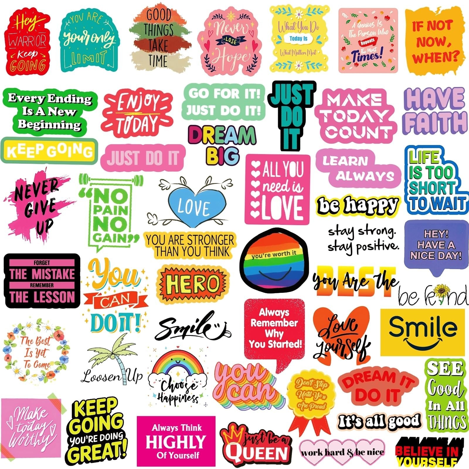 Collage of 300 inspirational and motivational vinyl stickers with various quotes and designs.