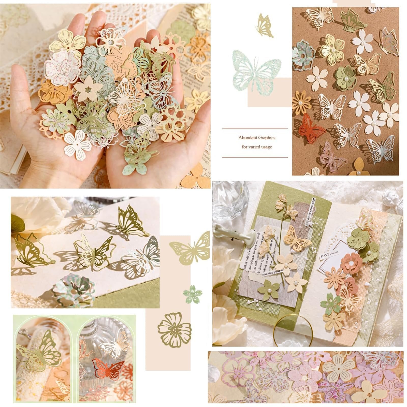 Hands holding a pile of assorted paper cutouts of flowers and butterflies in pastel colors. Collage of craft supplies.