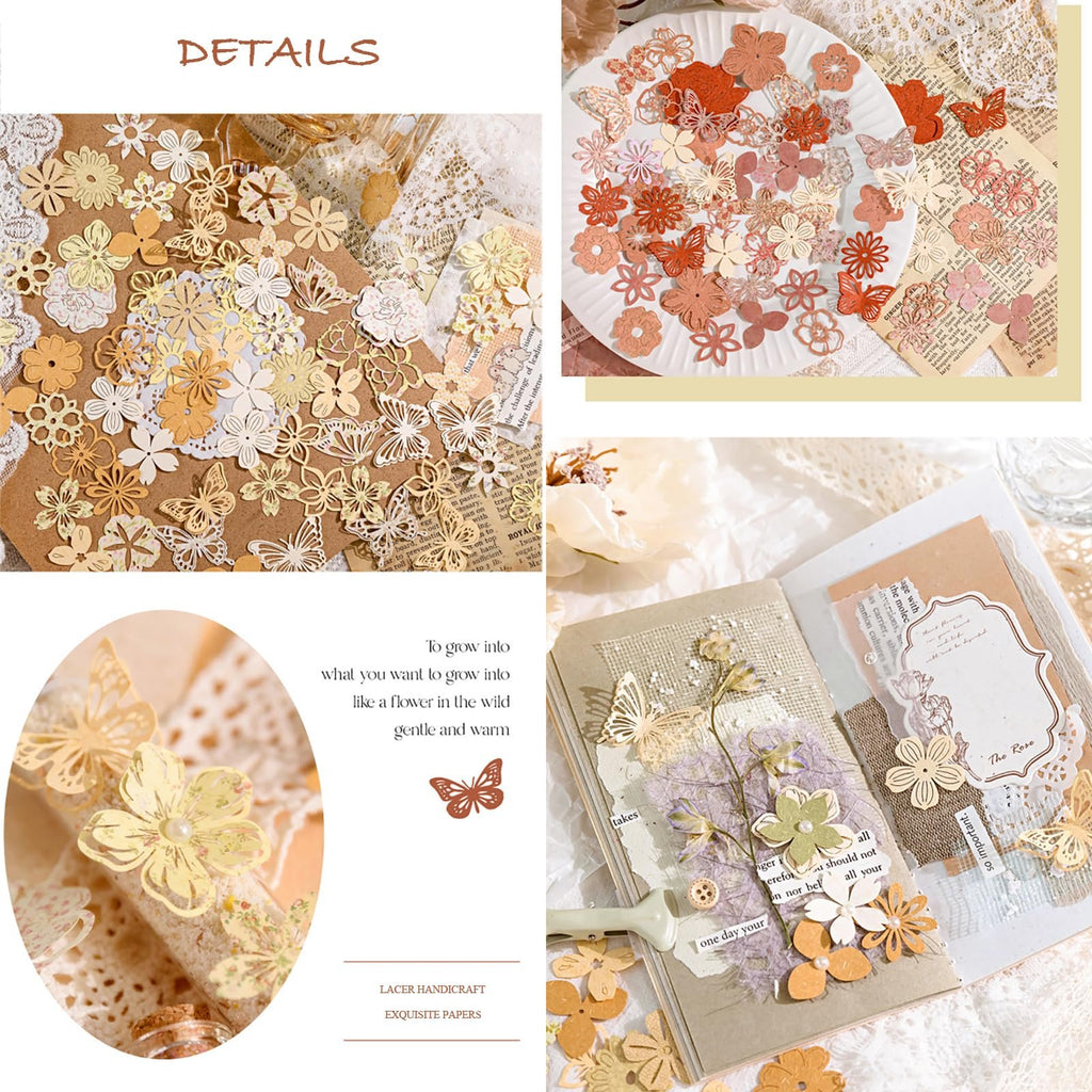 Collage of decorative paper flowers and butterflies in various colors and sizes, arranged on a craft journal and scattered on a surface.