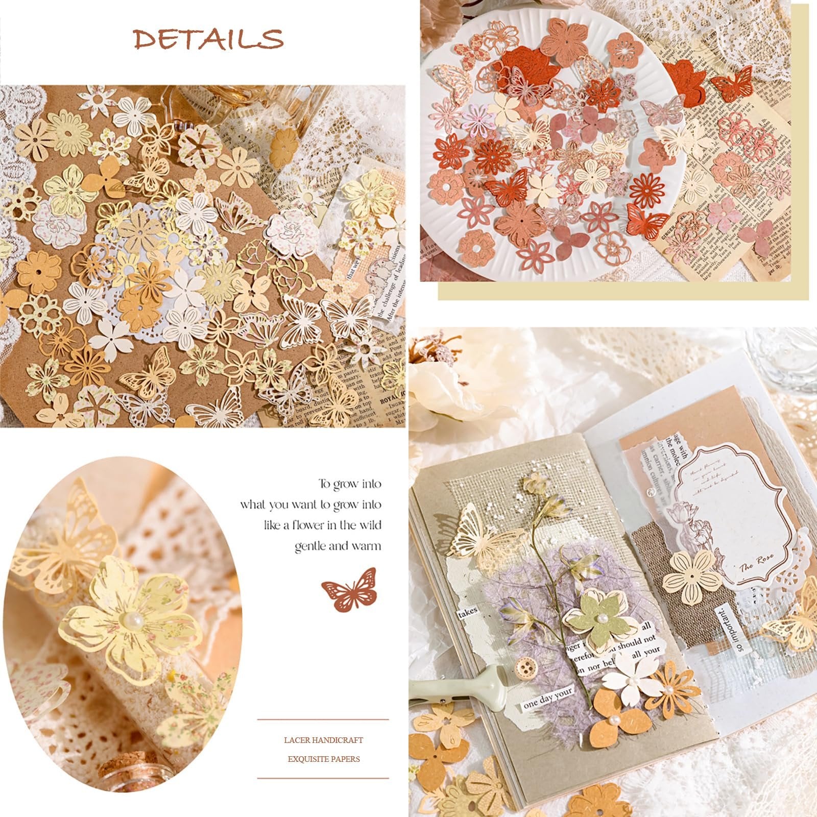 Collage of decorative paper flowers and butterflies in various colors and sizes, arranged on a craft journal and scattered on a surface.