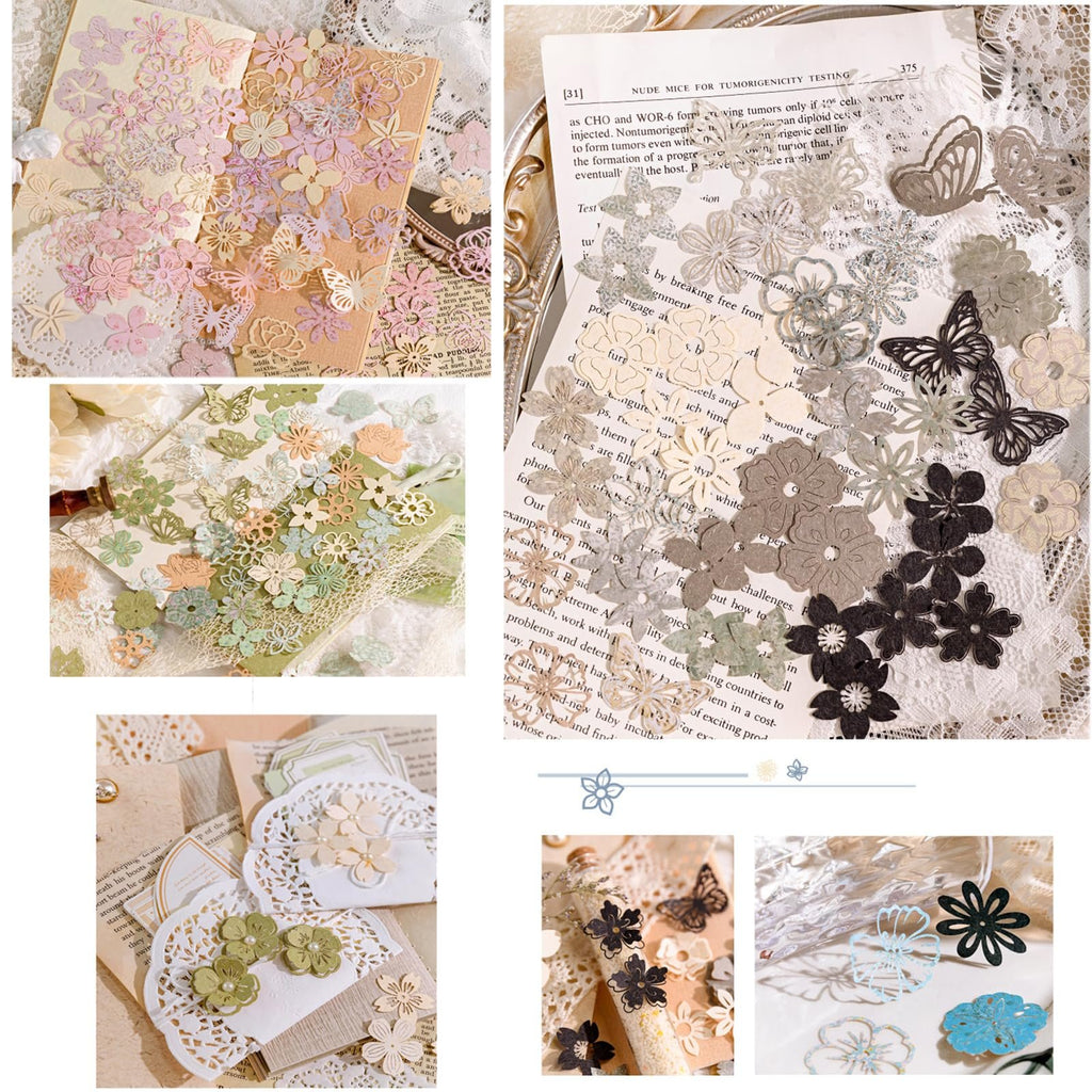 Collage of various paper cutouts of flowers and butterflies in pastel and neutral tones, arranged on pages and trays.