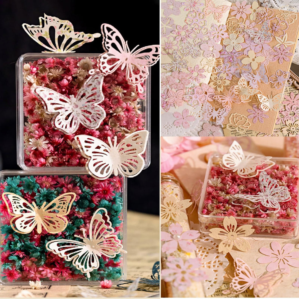 Collage paper cutouts of butterflies and flowers arranged in clear boxes and on decorative paper.