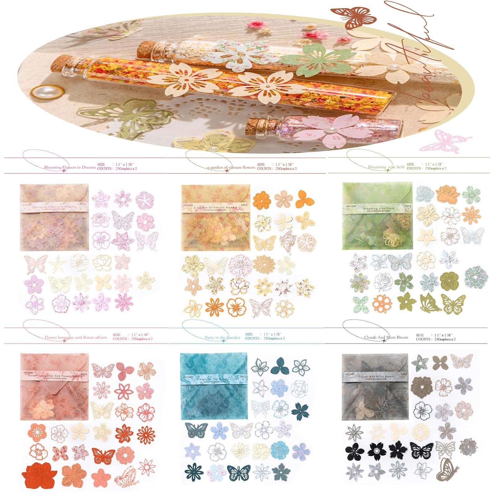 Collage paper pack with various flower and butterfly designs in test tubes and flat lays