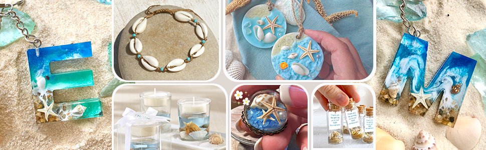 Collage of beach-themed crafts including resin letter keychains, seashell anklet, decorative ornaments, and small glass bottles with sand.