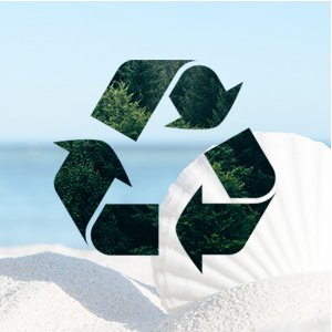 Recycling symbol filled with forest trees superimposed over a large white seashell on a sandy beach with ocean background.