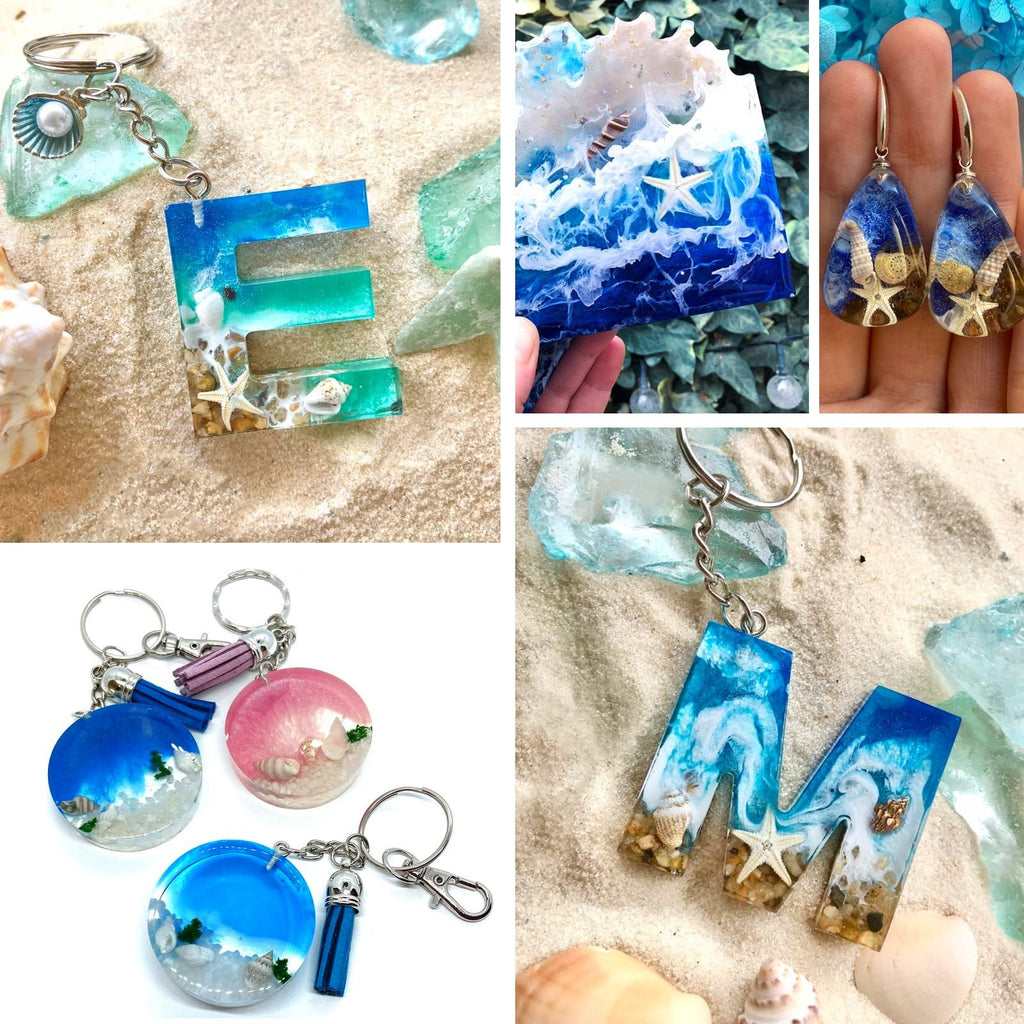 Collage of resin crafts including letter keychains, round keychains, earrings, and a decorative piece with shells and starfish.