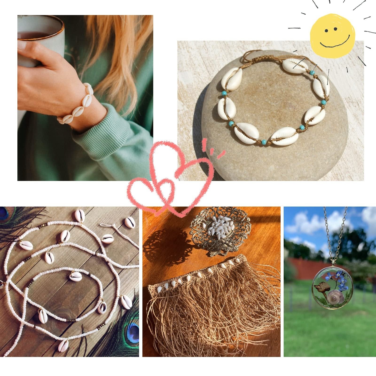 Collage of seashell jewelry and crafts: bracelet on wrist, necklace on stone, beaded necklace with shells, decorative bowl with shells, and pendant necklace with dried flowers and shells.