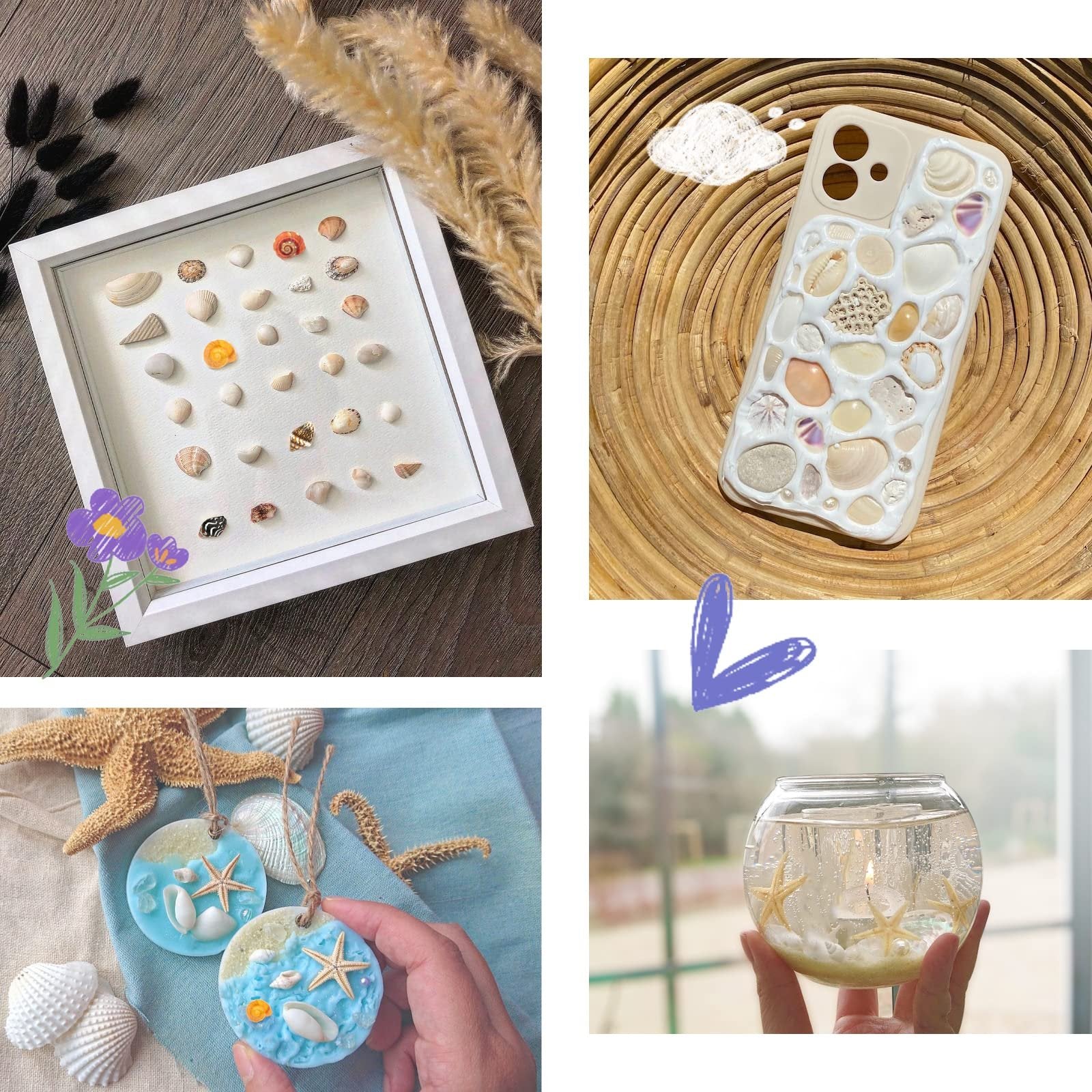 Collage of four images showing natural seashell crafts and decor, including a shadow box, a decorated phone case, ornaments, and a candle holder.