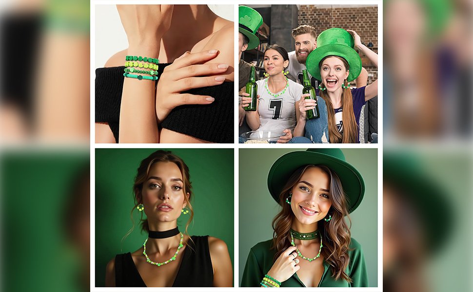 Collage of four images showing green jewelry made with shamrock polymer clay beads.