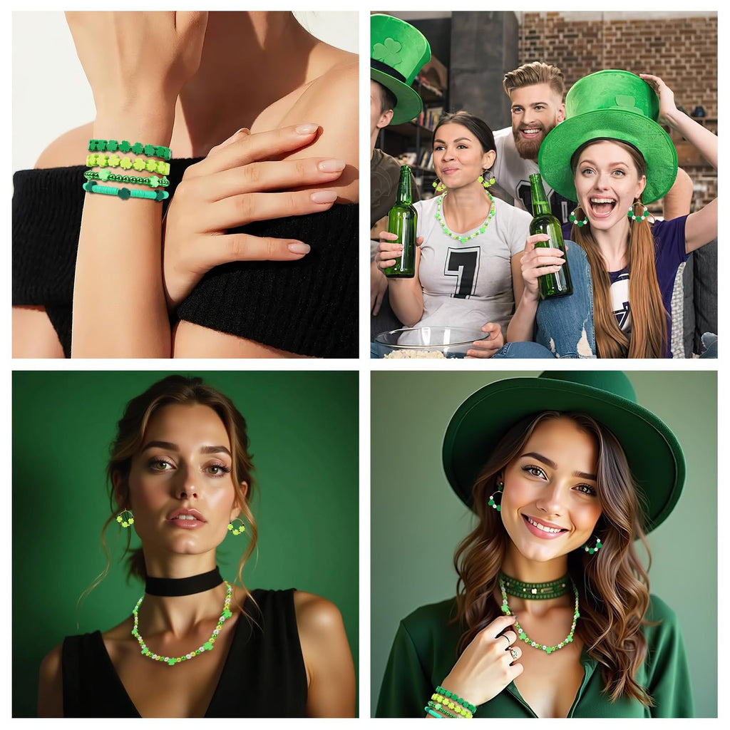 Collage of four images showing green shamrock polymer clay beads used in jewelry for St. Patrick's Day.