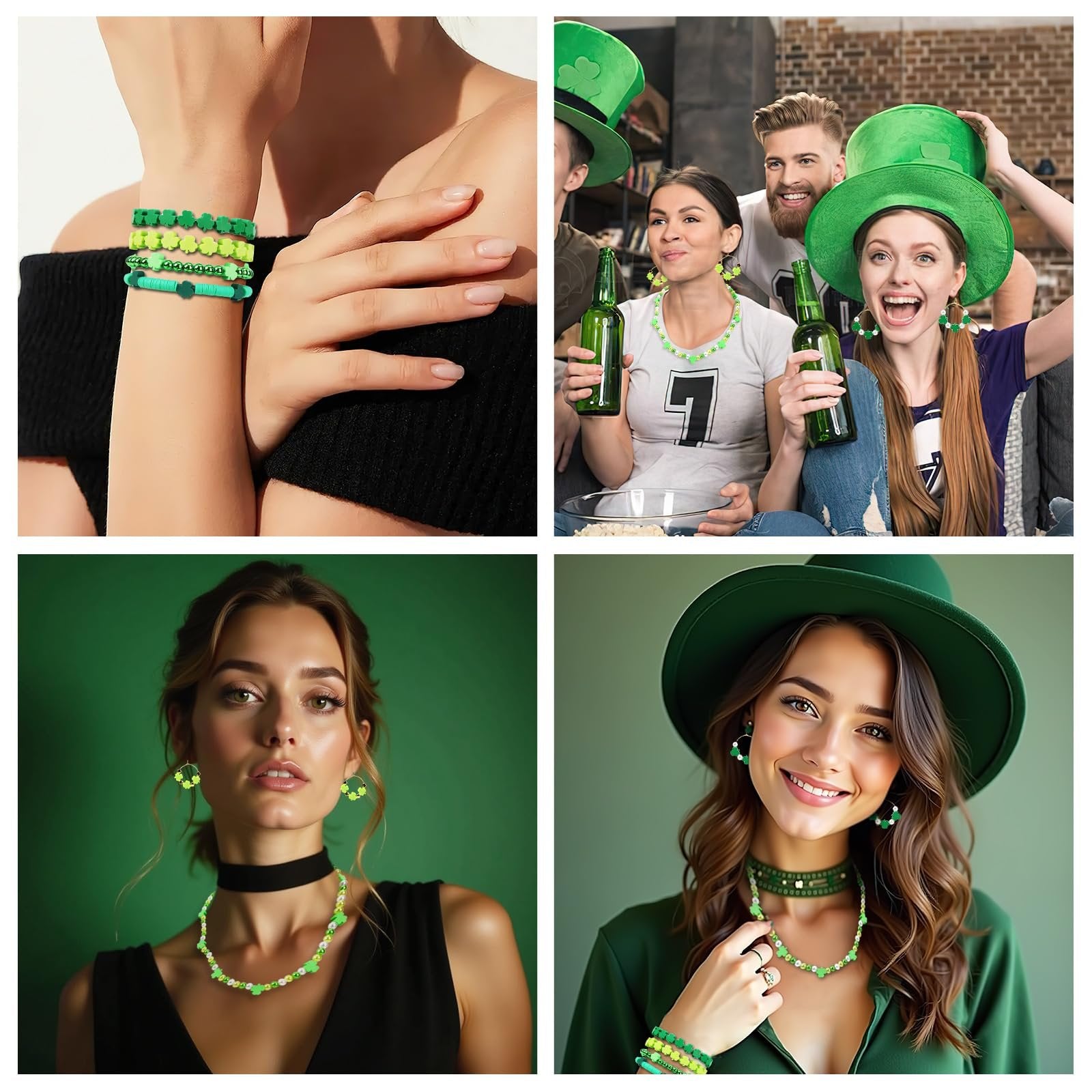 Collage of four images showing green shamrock polymer clay beads used in jewelry for St. Patrick's Day.