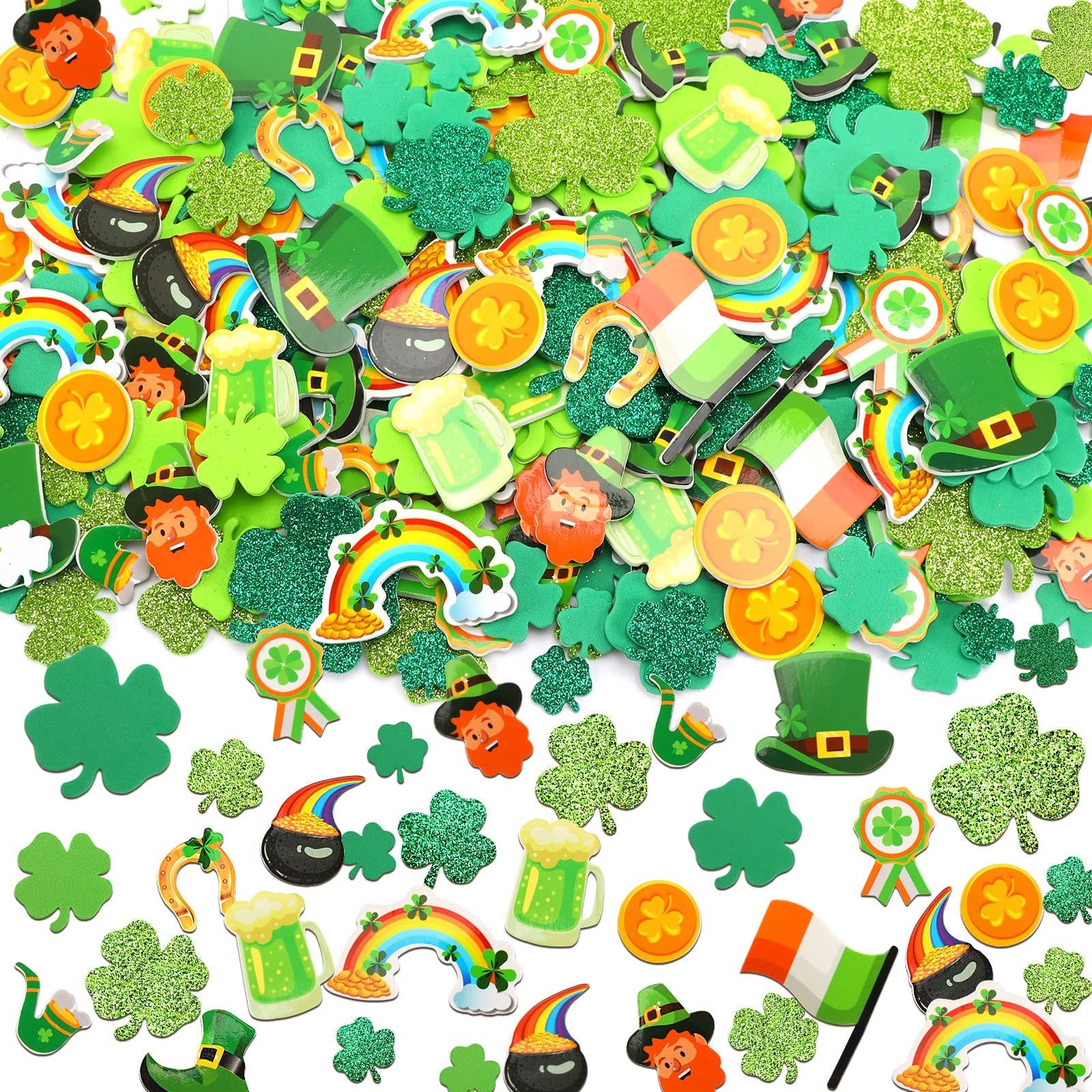 St. Patrick's Day themed foam stickers including shamrocks, leprechauns, rainbows, pots of gold, and beer mugs.
