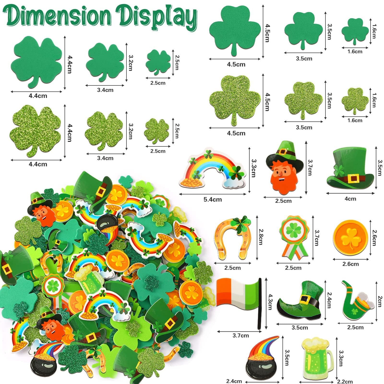 St. Patrick's Day foam stickers including shamrocks, clovers, leprechauns, hats, rainbows, and beer mugs, with dimension labels.