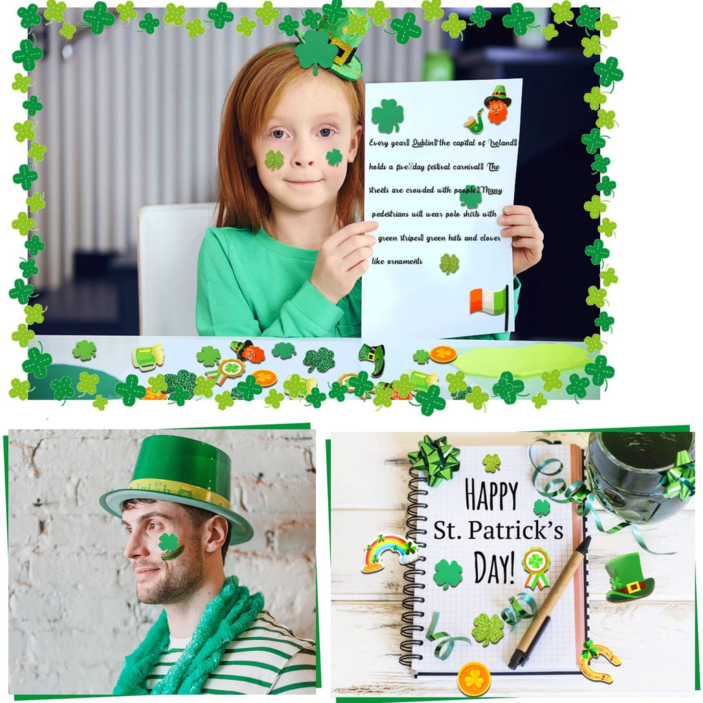 Collage of St. Patrick's Day themed images: a girl with shamrock face paint, a man wearing a green hat, and a notebook with holiday decorations.