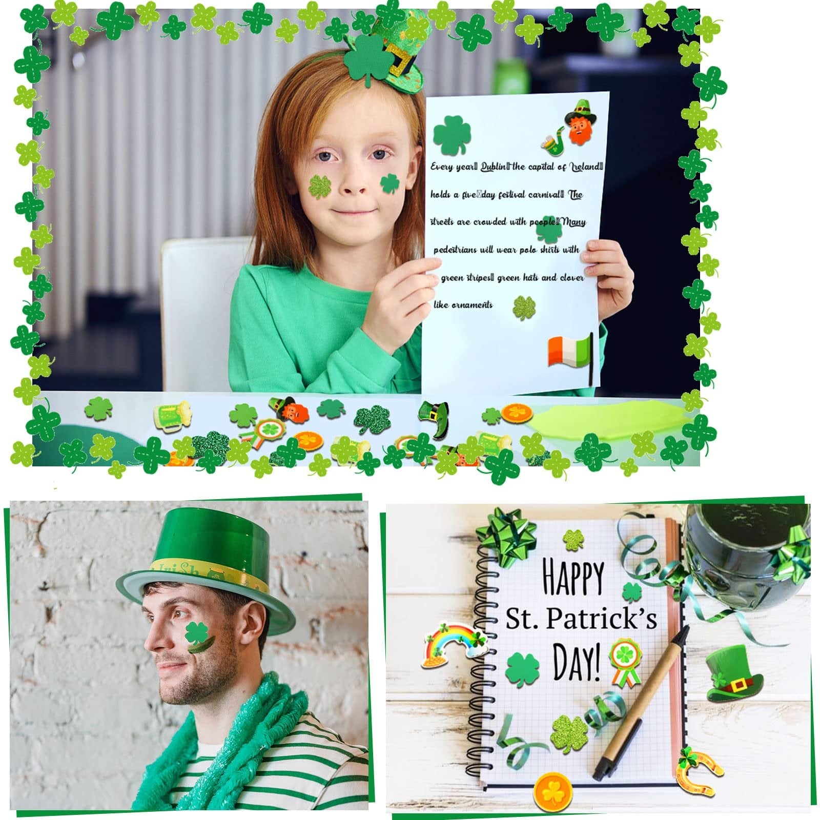 Collage of St. Patrick's Day themed images: a girl with shamrock face paint, a man wearing a green hat, and a notebook with holiday decorations.