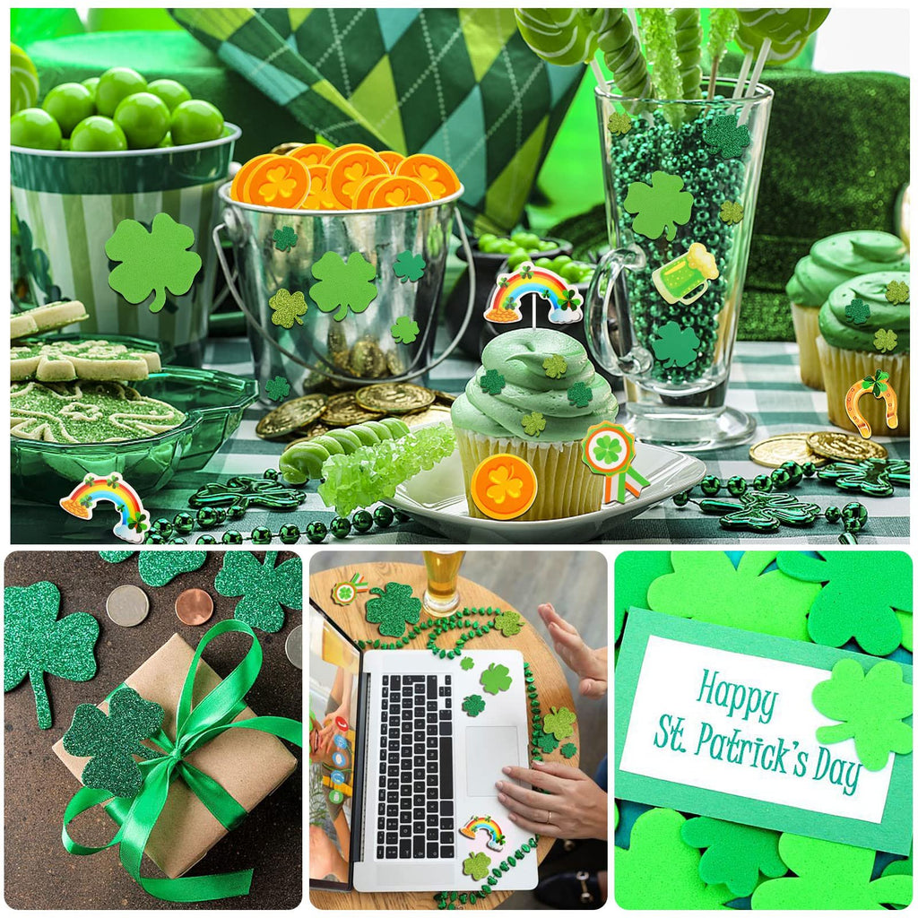 Collage of St. Patrick's Day decorations and crafts including shamrocks, cupcakes, and a laptop.