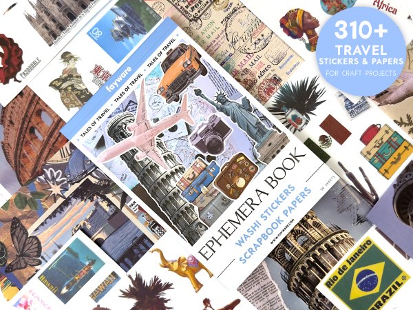 Collage of travel-themed washi stickers and scrapbook papers, featuring landmarks and vintage mail designs.