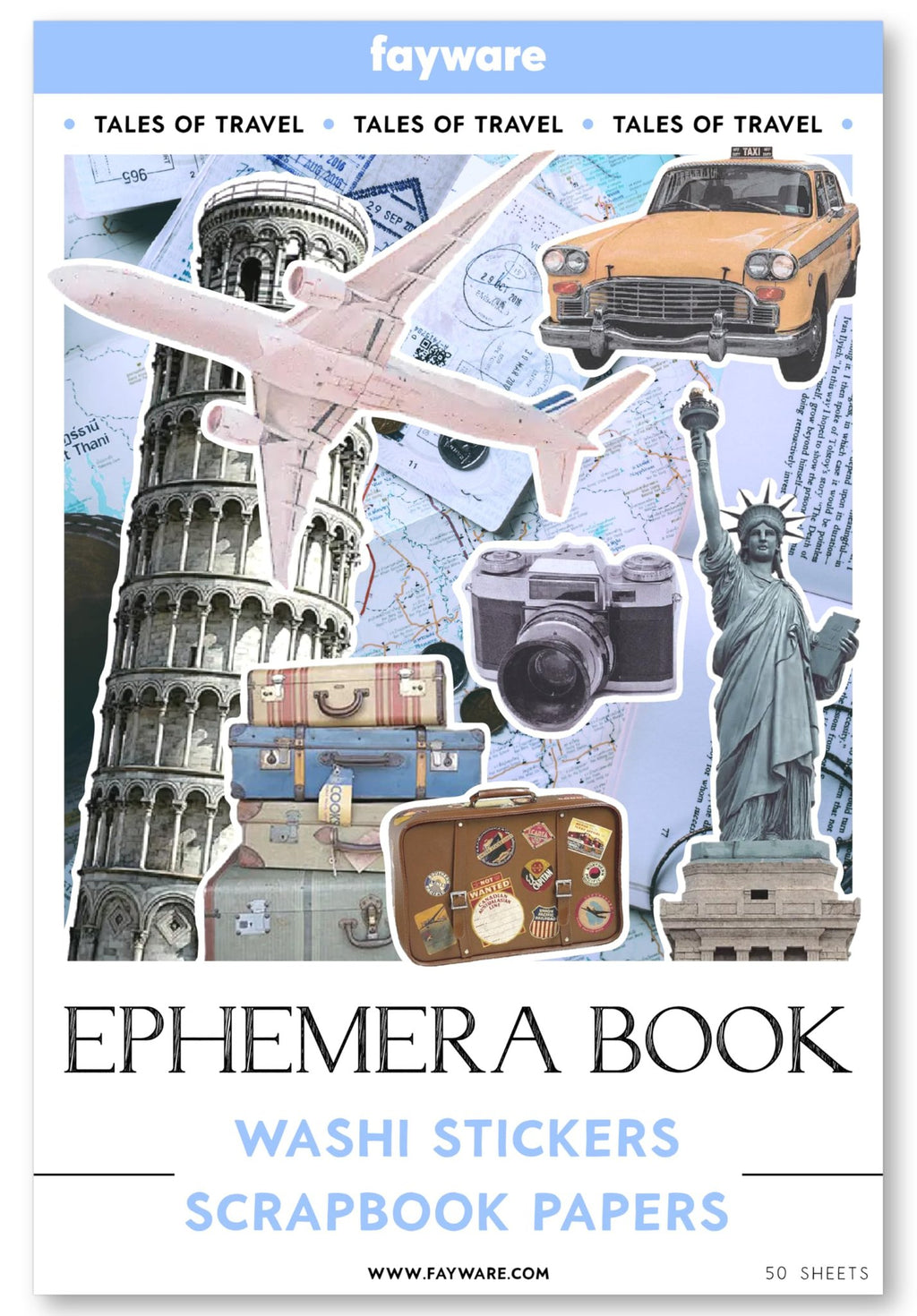 Collage of travel-themed elements including the Leaning Tower of Pisa, Statue of Liberty, airplane, vintage car, camera, and stacked suitcases.