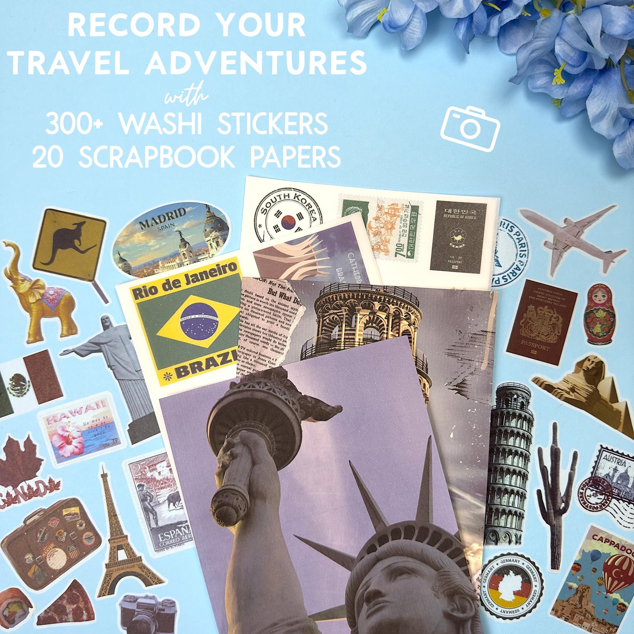 Collage of travel-themed stickers and scrapbook papers including landmarks, flags, and transportation.