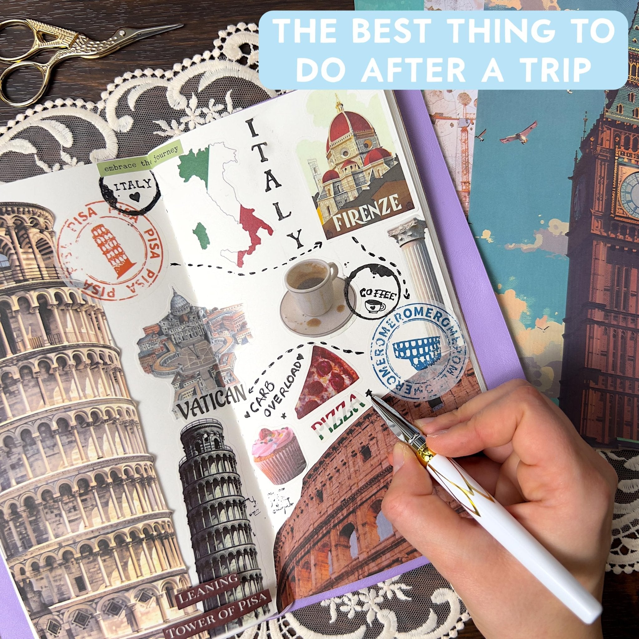 Journal page decorated with travel stickers of Italy landmarks and food, a hand holding a pen.