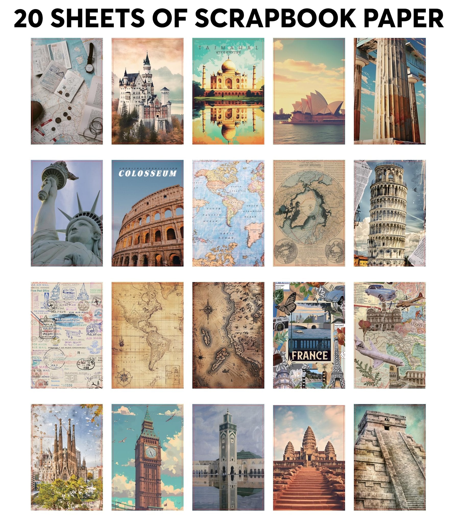 Collage of travel-themed scrapbook paper sheets featuring landmarks, maps, and vintage travel ephemera.