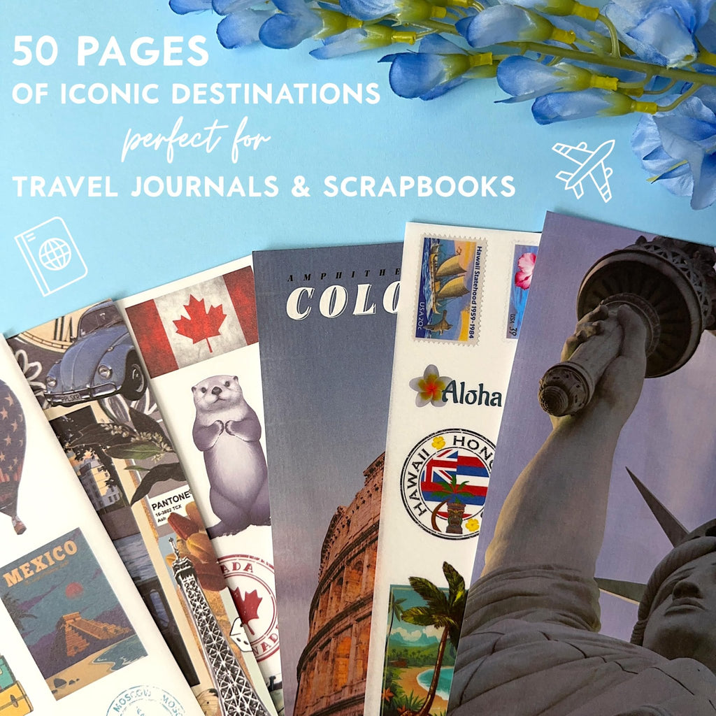 Collection of travel-themed scrapbook papers and stickers featuring iconic destinations like Mexico, Canada, and the Colosseum.
