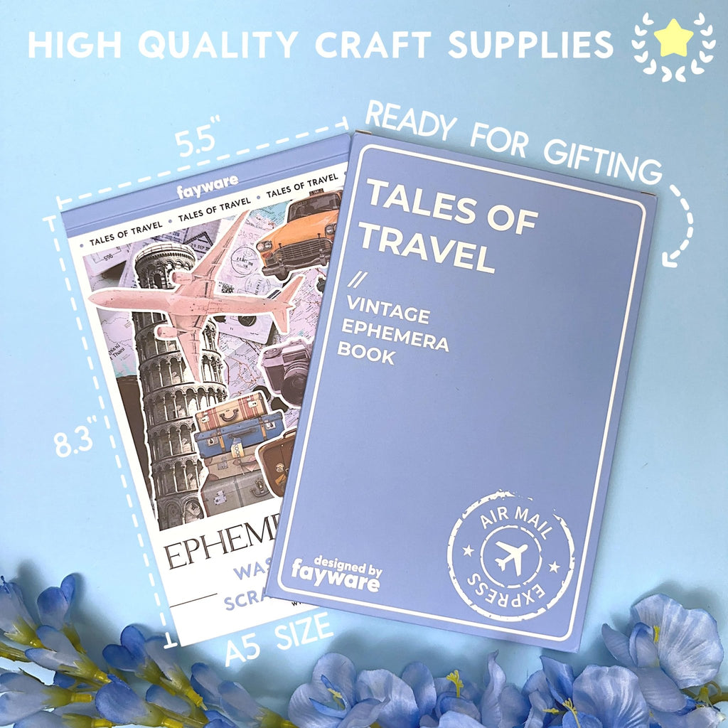 A5 size vintage ephemera book and travel stickers with airplane, Leaning Tower of Pisa, and suitcases.