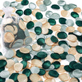 Scattered silk rose petals in champagne, vintage green, and light green colors with a white mesh bag of petals on the left.