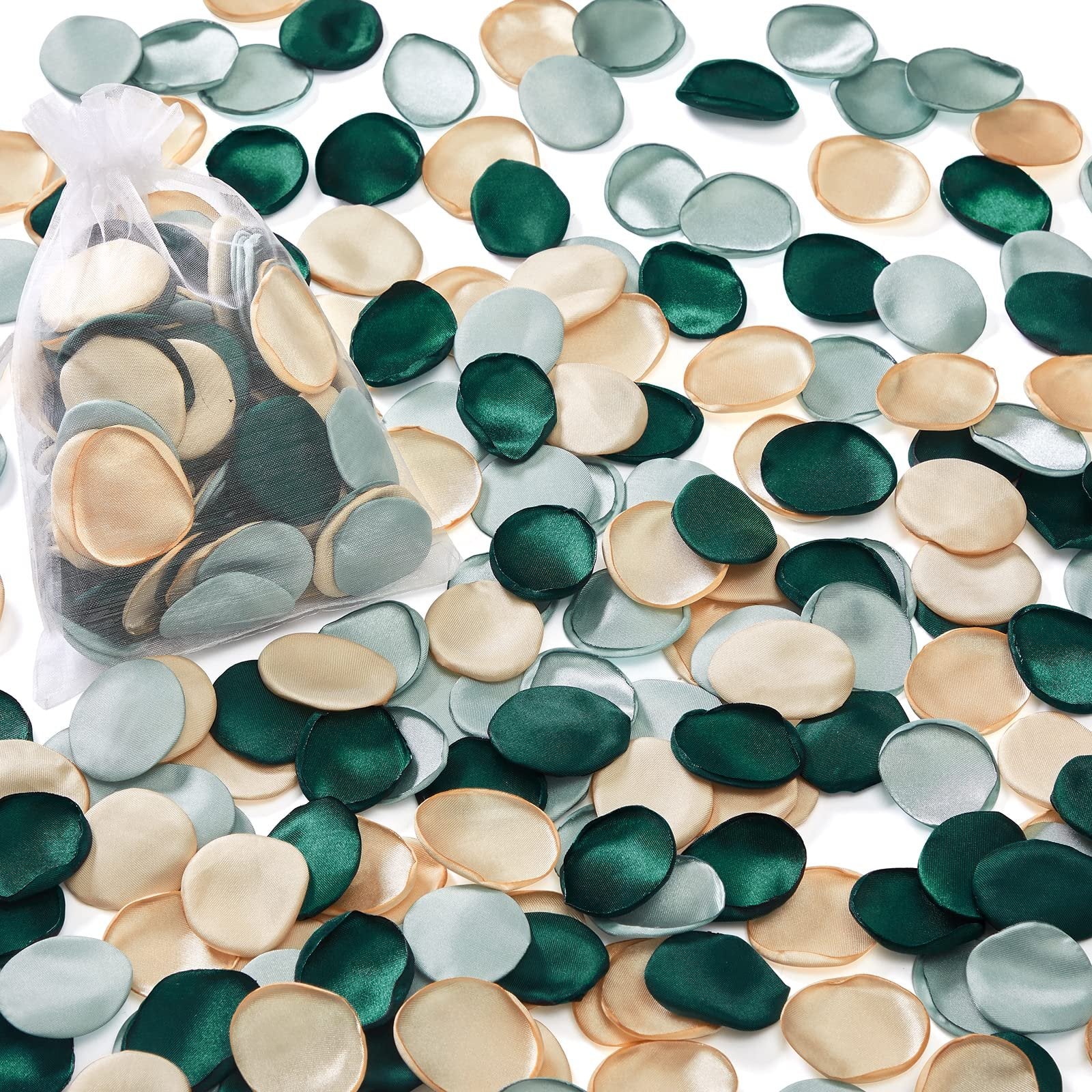 Scattered silk rose petals in champagne, vintage green, and light green colors with a white mesh bag of petals on the left.