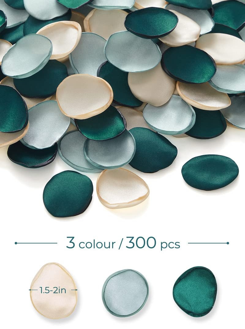 Pile of silk rose petals in vintage green, champagne, and light blue colors, with three color swatches and size indicator below.
