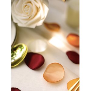 Terracotta, cream, and red satin rose petals scattered on a white surface with a cream rose and gold heart accent.