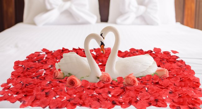 Two white swan figures forming a heart shape amidst red rose petals on a white bedspread.