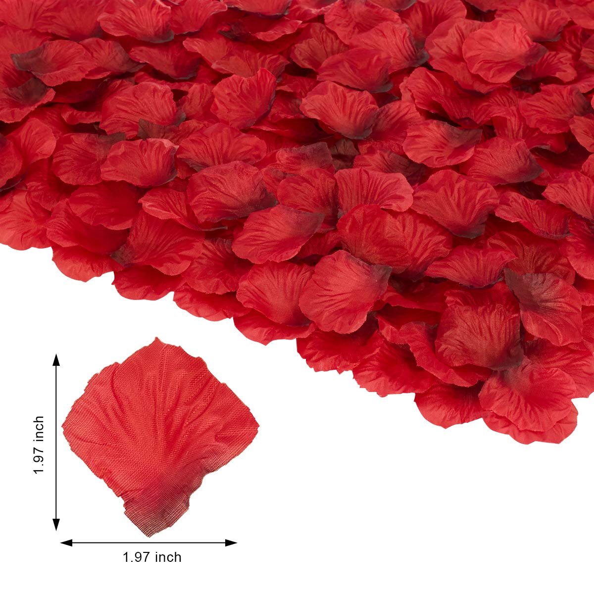 Pile of dark red artificial silk rose petals with a single petal shown with dimensions 1.97 inches by 1.97 inches.