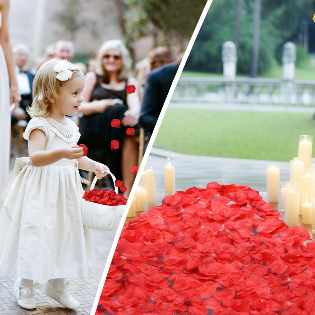 Flower girl scattering dark red artificial rose petals at a wedding ceremony and a pile of petals with candles