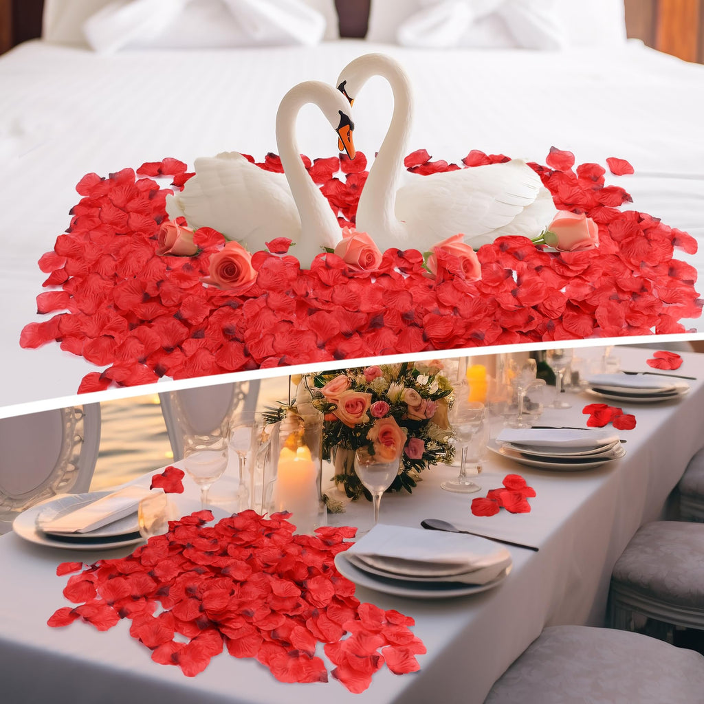 Red artificial rose petals scattered on a bed with swan decorations and on a formal dining table setting.